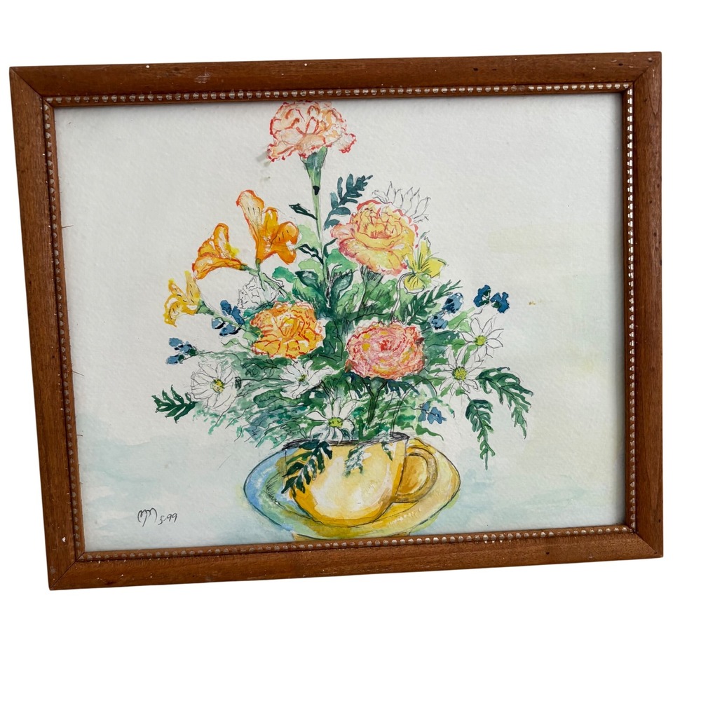 Vintage Signed Floral Watercolor Painting Yellow Teacup Wood Frame 1999 Art